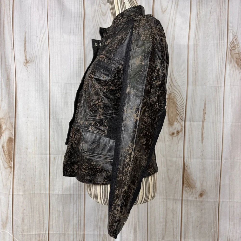 H&D Classic Distressed Leather Denim Moto Jacket Snaps Dressy Casual Biker Large - Picture 2 of 15
